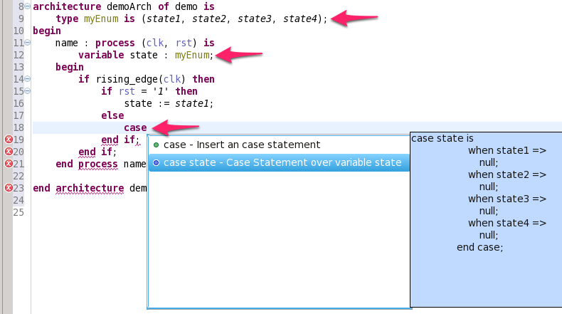 Context sensitive autocomplete for case statements