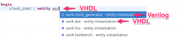 Autocomplete Verilog modules in VHDL instantiations