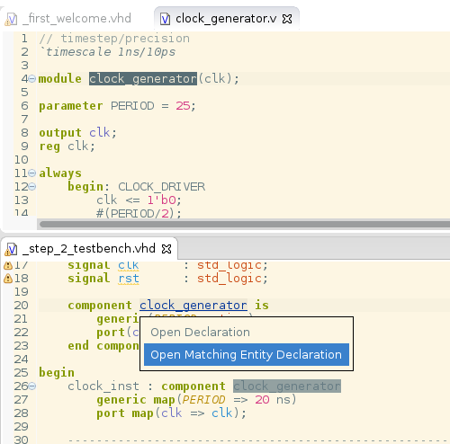 Open matching Verilog Module in component instantiations