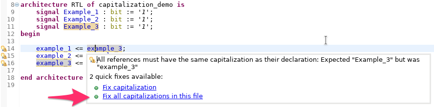 Correct the capitalization of all references in the entire VHDL source file.