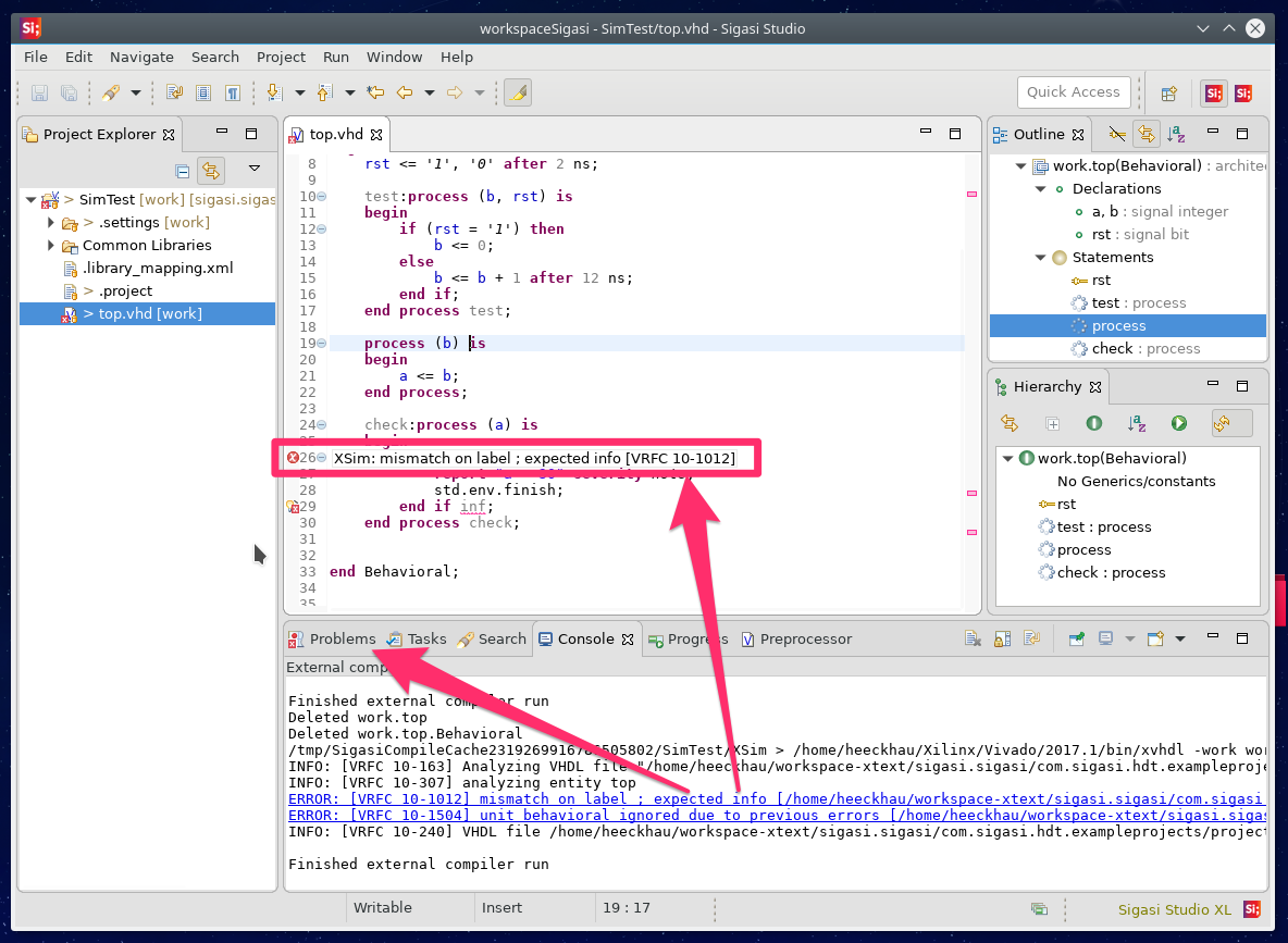 XSIM errors are displayed with markers in the editor and problems view