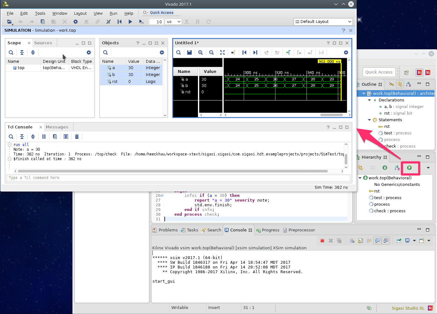 Start a simulation by setting a toplevel and clicking the run button