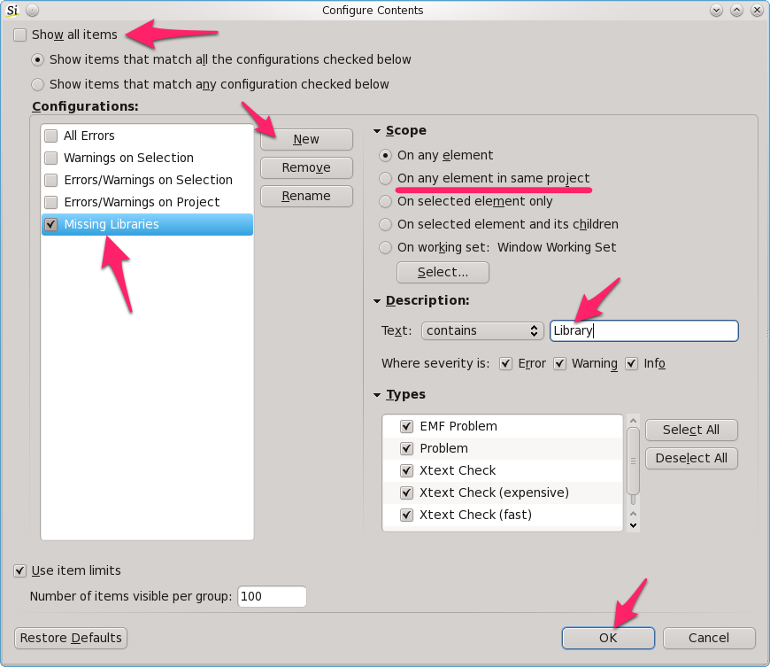 Configure Problem View Contents