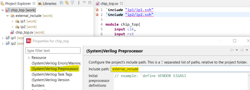 Set include path in project preferences