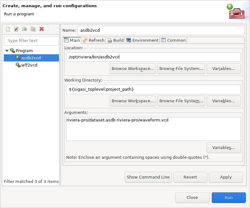 screenshot of the asdb2vcd configuration