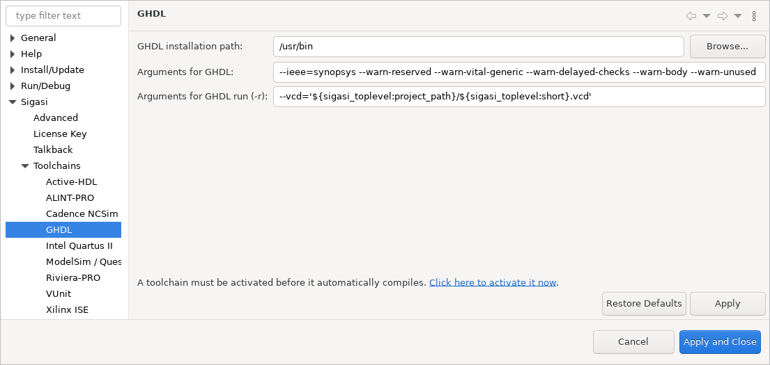 screenshot of the GHDL configuration