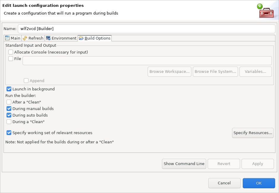 screenshot of the wlf2vcd builder configuration