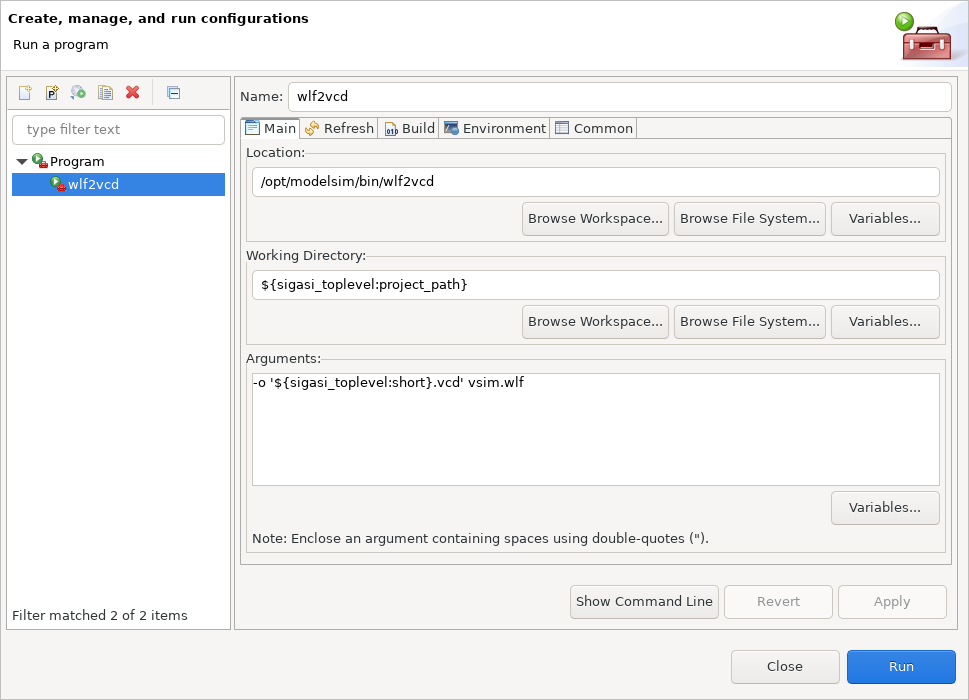 screenshot of the wlf2vcd configuration