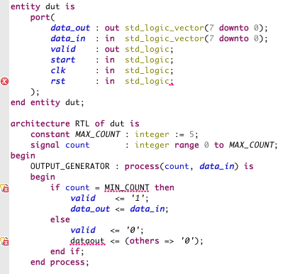 Sigasi shows three error markers for these three errors