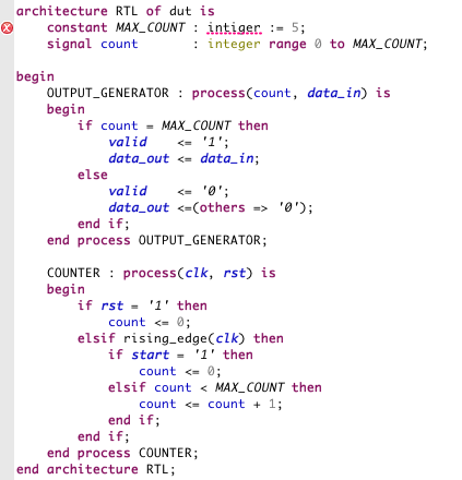 For this single mistake, Sigasi flags one error marker