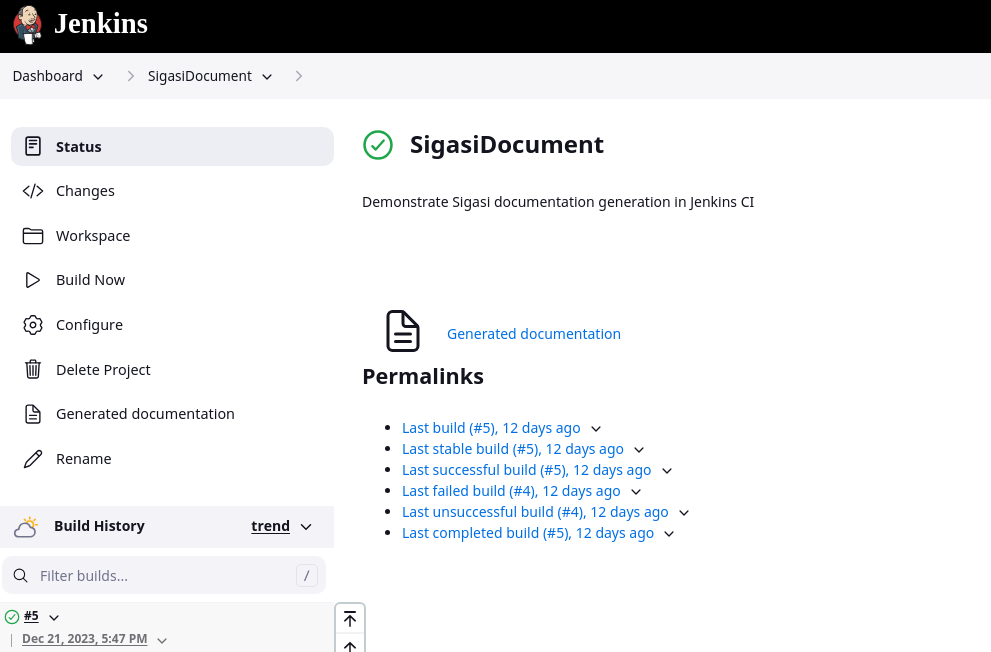 Jenkins project with links to generated documentation