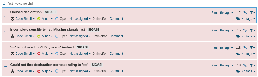 Sigasi CLI result in SonarQube: issues per file